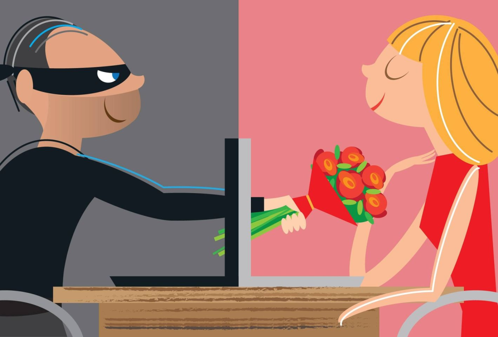 pic desc: a picture of a robber giving flowers to a person through the computer screen