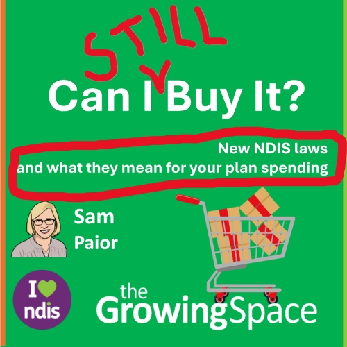 A promotional poster for the Can I STILL Buy It? session, featuring the text New NDIS laws and what they mean for your plan spending. It includes an image of a shopping cart filled with items. The Growing Space logo is in the top left, and a small avatar of Sam Paior is in the bottom right.