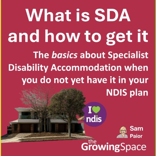 A dark pink poster with a house and tree. On top of that image is the I heart ndis logo. Around the image is text in white reading: “The basics about Specialist Disability Accommodation when you do not yet have it in your NDIS plan". The Growing Space logo is on the bottom right side. Sam’s name and caricature are above it.