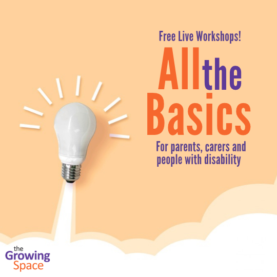 The workshop title in orange and purple font on a light peach background with clouds at the bottom. There is a white light bulb to the left and the Growing Space logo is in the bottom left corner.