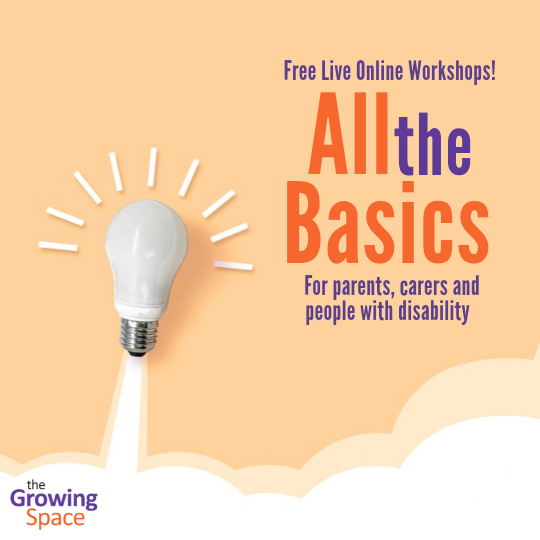 The workshop title in orange and purple font on a light peach background with clouds at the bottom. There is a white light bulb to the left and the Growing Space logo is in the bottom left corner.